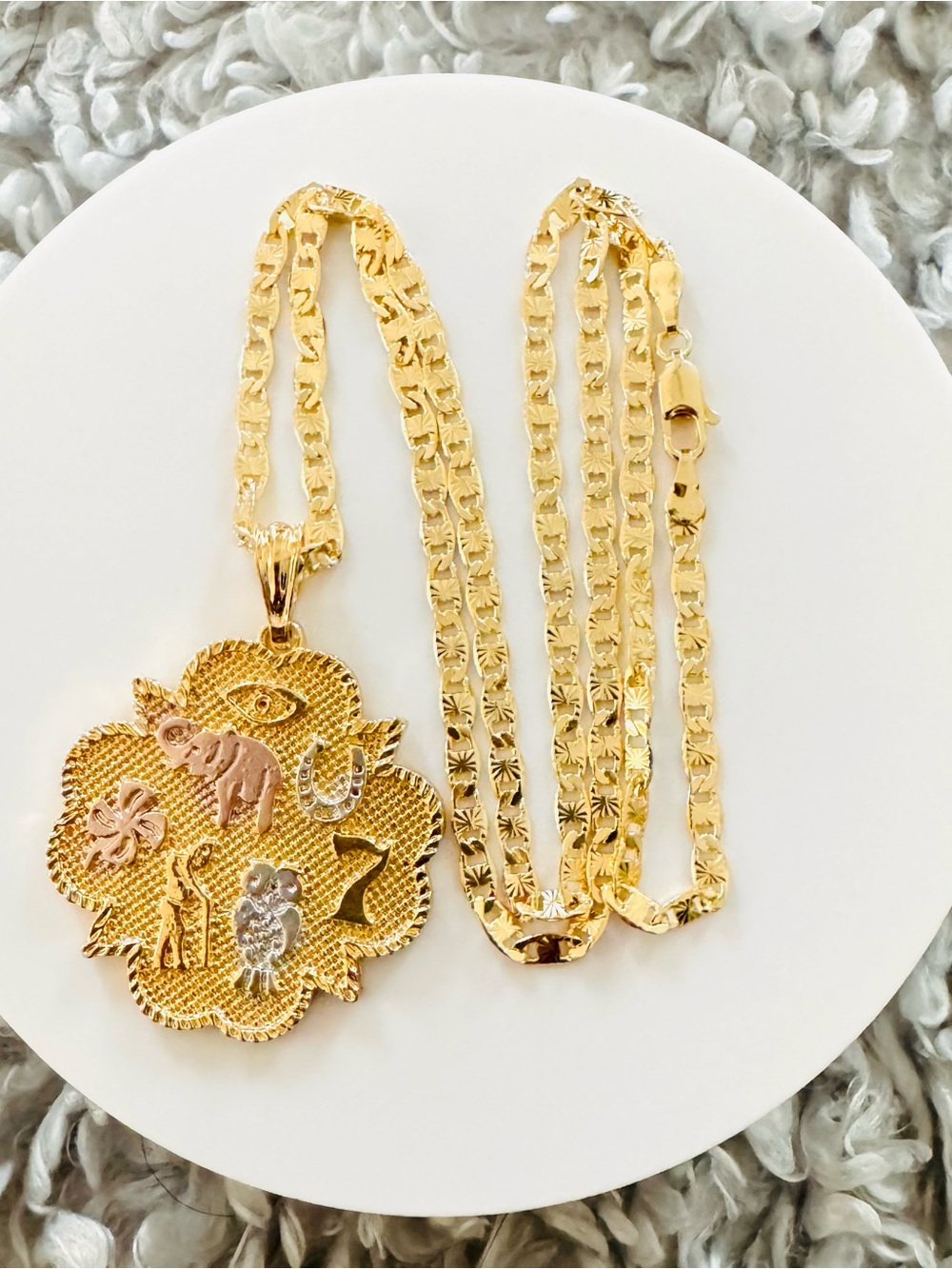 14K Gold Plated Lucky Charm Protection Medallion with chain men’s Necklace. New